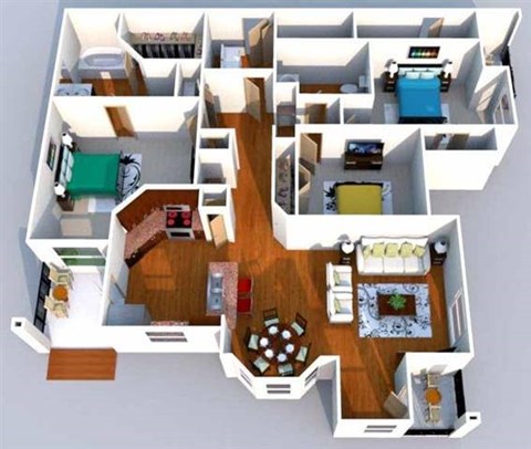 A 3D floor plan of a house with a kitchen, living room, and bedrooms.